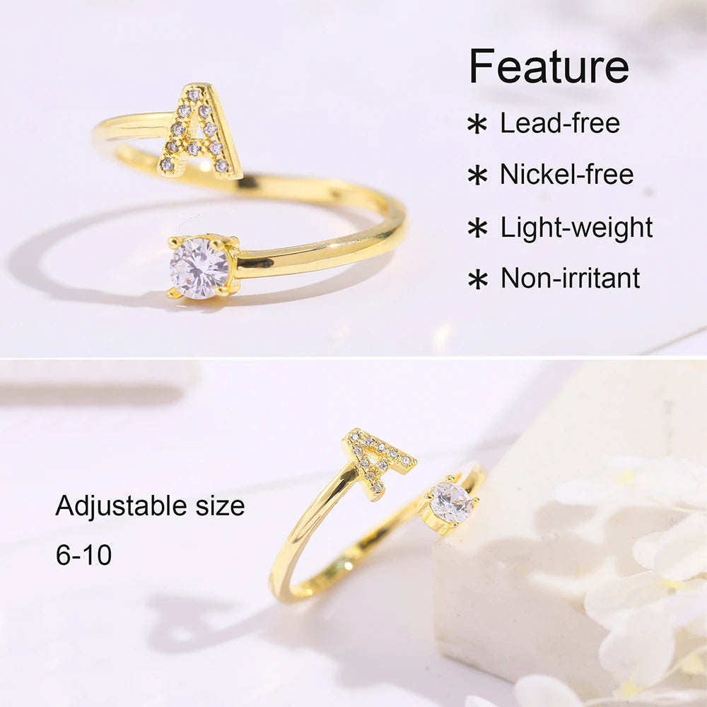 A-Z Letter Initial Name Open Rings for Women Men gold plated Zircon Stone Alphabet Rings Couple Friendship Jewelry Gift