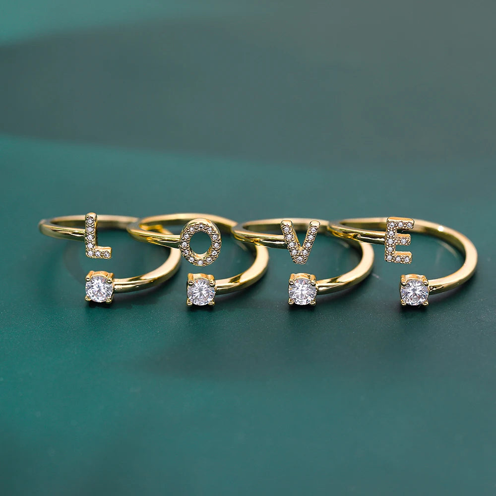 A-Z Letter Initial Name Open Rings for Women Men gold plated Zircon Stone Alphabet Rings Couple Friendship Jewelry Gift