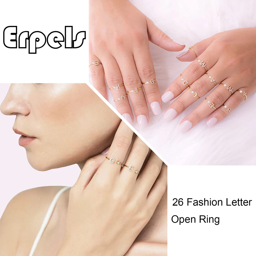 A-Z Letter Initial Name Open Rings for Women Men gold plated Zircon Stone Alphabet Rings Couple Friendship Jewelry Gift