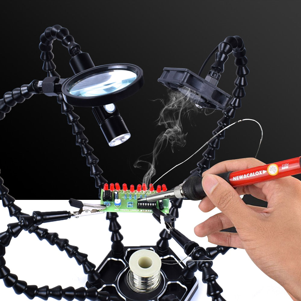 NEWACALOX Welding Repair Workbench with 3X USB LED Magnifier PCB Holder Soldering Tool Third Helping Hand 6Pcs Flexible Arms