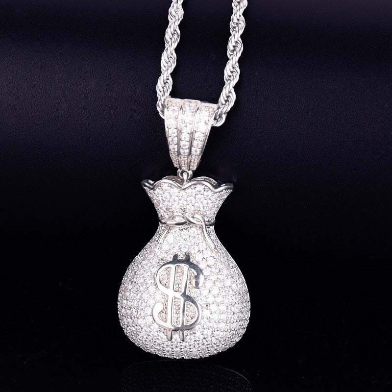 Men's Dollar Bag Pendant Necklace Gold Color Bling Cubic Zircon Hip Hop Rock Jewelry