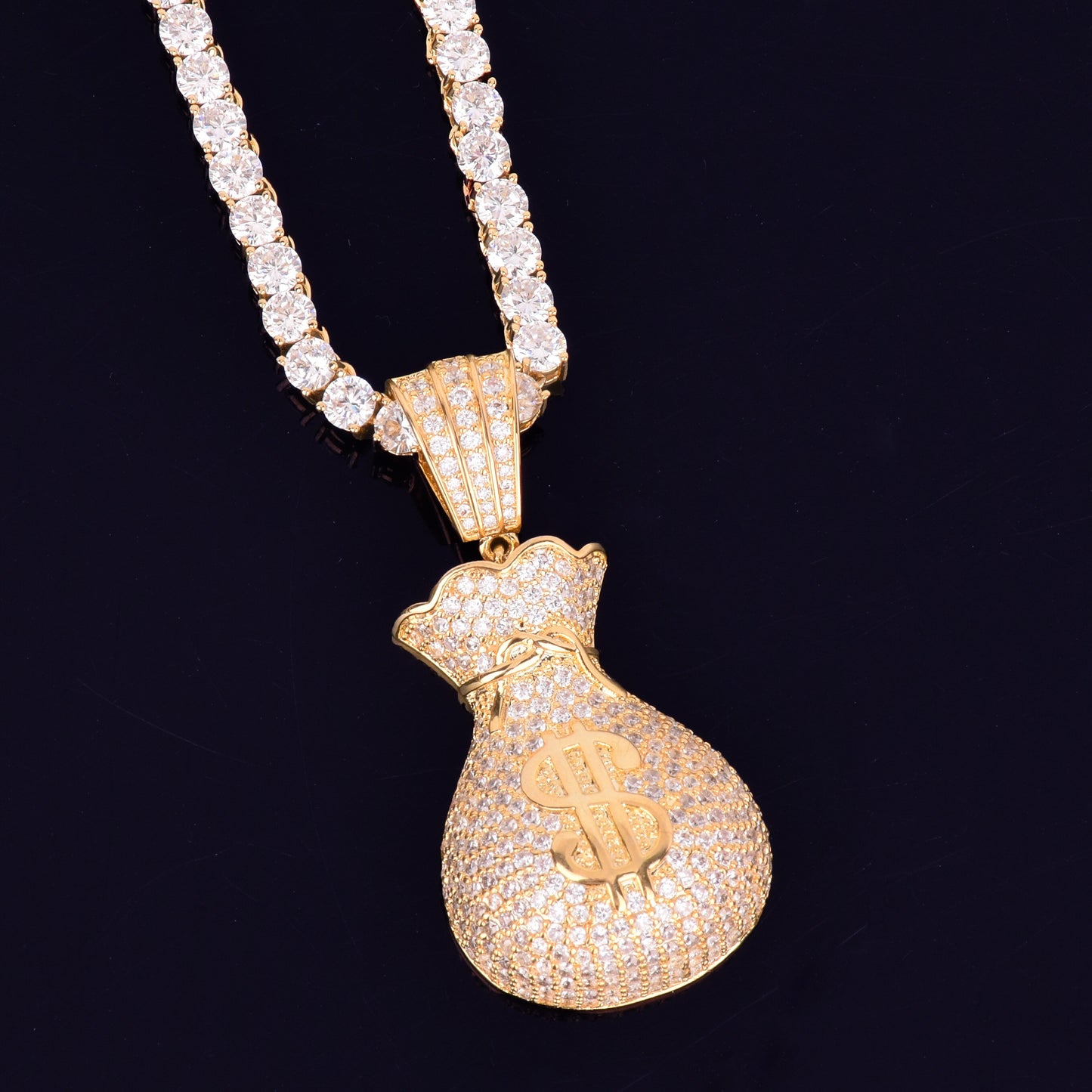 Men's Dollar Bag Pendant Necklace Gold Color Bling Cubic Zircon Hip Hop Rock Jewelry