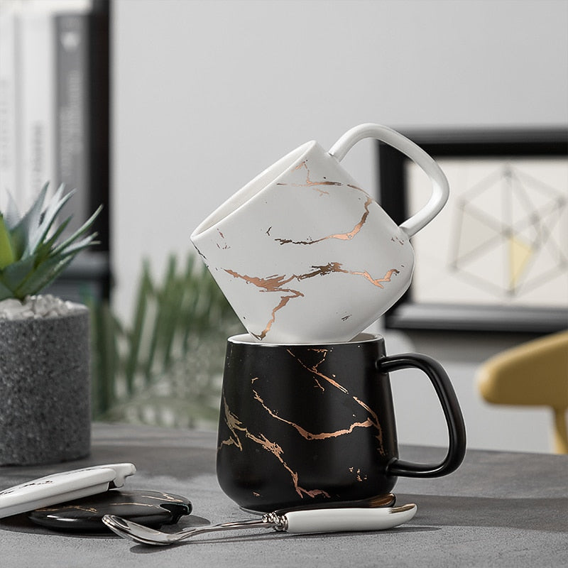 420ML Marble Couple Cup Ceramic Coffee Mug With spoon an Cover Creative Valentine's Day Wedding Birthday Gift