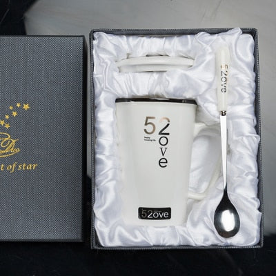 420ML Marble Couple Cup Ceramic Coffee Mug With spoon an Cover Creative Valentine's Day Wedding Birthday Gift