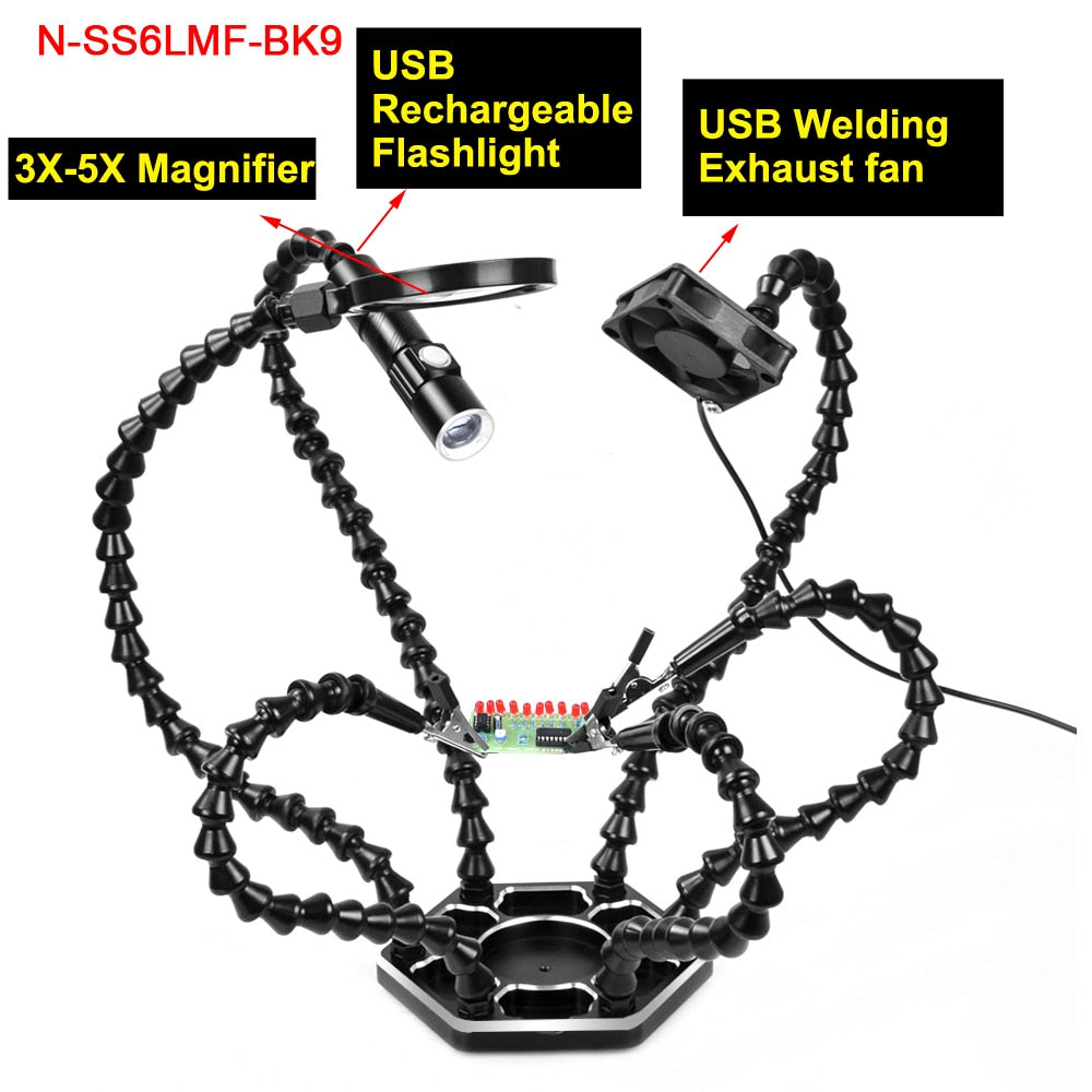 NEWACALOX Welding Repair Workbench with 3X USB LED Magnifier PCB Holder Soldering Tool Third Helping Hand 6Pcs Flexible Arms