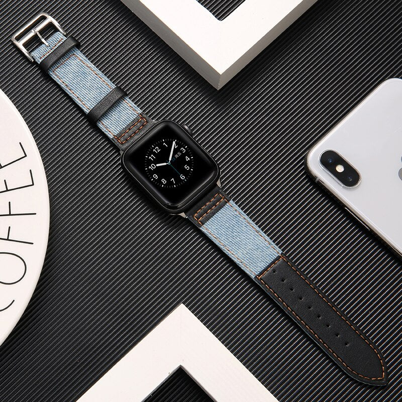 Fabric&Genuine Leather strap for apple watch band 42mm 38mm 44mm 40mm 45mm 41mm iwatch SE/7/6/5/4/3/2 bracelet belt Accessories