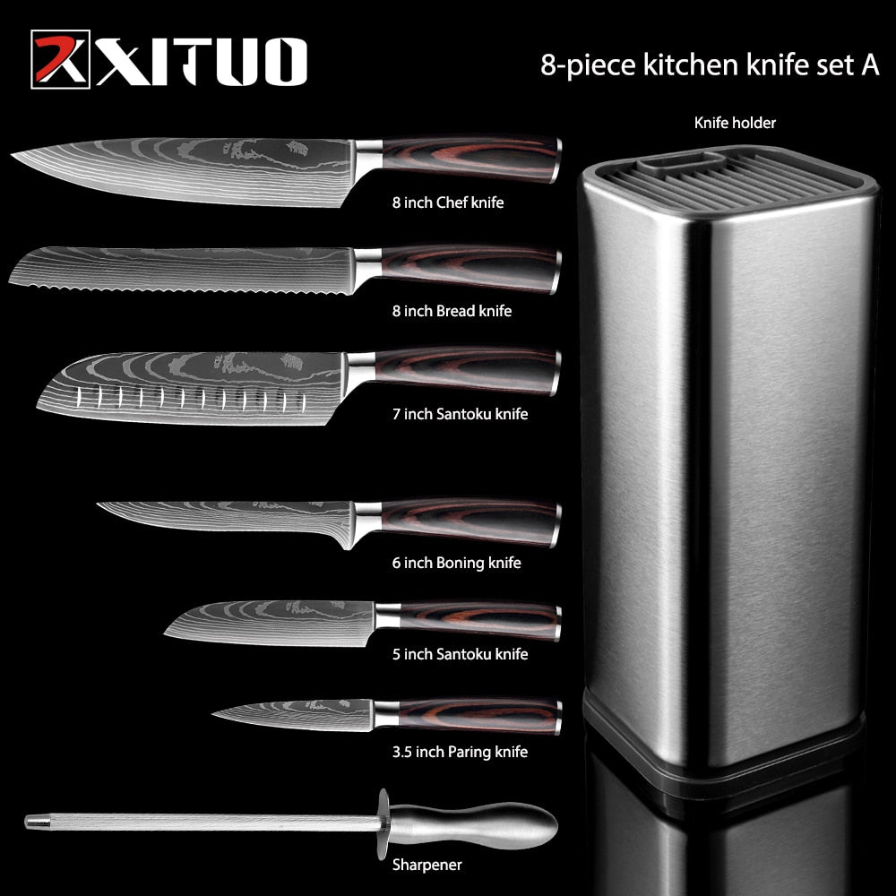 XITUO Kitchen Chef Set 4-8PCS set Knife Stainless Steel Knife Holder Santoku Utility Cut Cleaver Bread Paring Knives Scissors