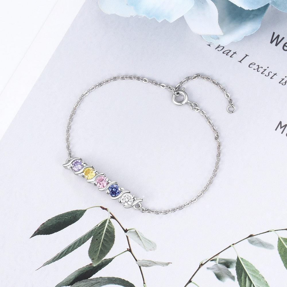 Personalized Silver Color Bracelet with 5 Birthstone Round Cubic Zirconia Charm Bracelets Fine Jewelry (Lam Hub Fong)