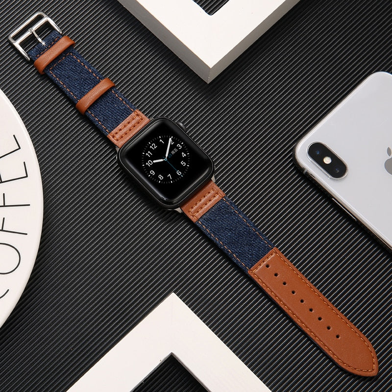 Fabric&Genuine Leather strap for apple watch band 42mm 38mm 44mm 40mm 45mm 41mm iwatch SE/7/6/5/4/3/2 bracelet belt Accessories