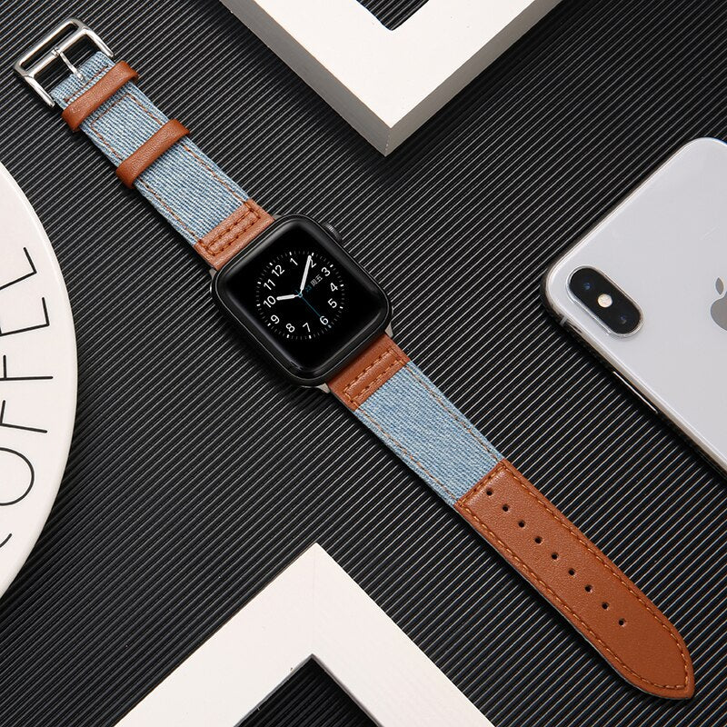 Fabric&Genuine Leather strap for apple watch band 42mm 38mm 44mm 40mm 45mm 41mm iwatch SE/7/6/5/4/3/2 bracelet belt Accessories