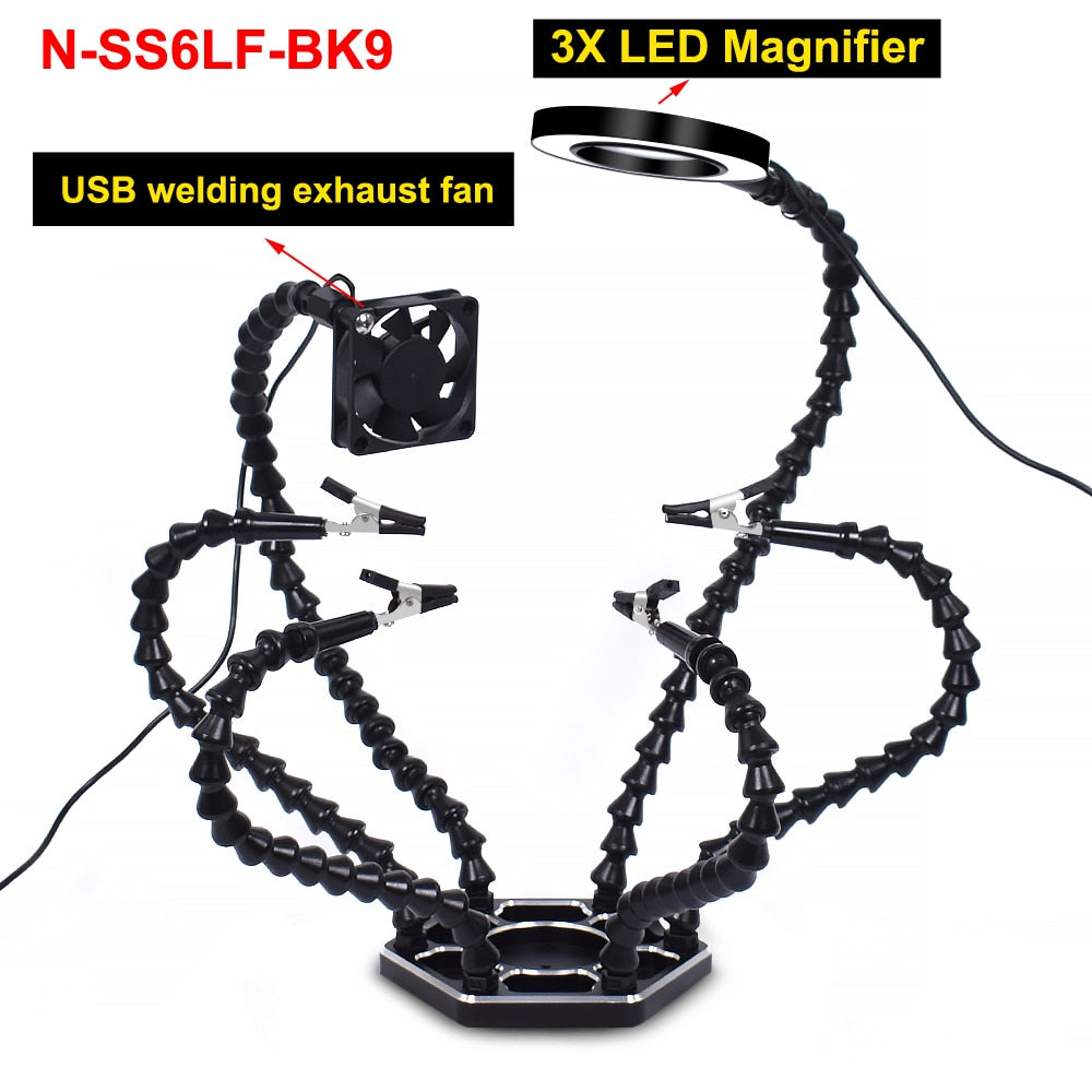 NEWACALOX Welding Repair Workbench with 3X USB LED Magnifier PCB Holder Soldering Tool Third Helping Hand 6Pcs Flexible Arms