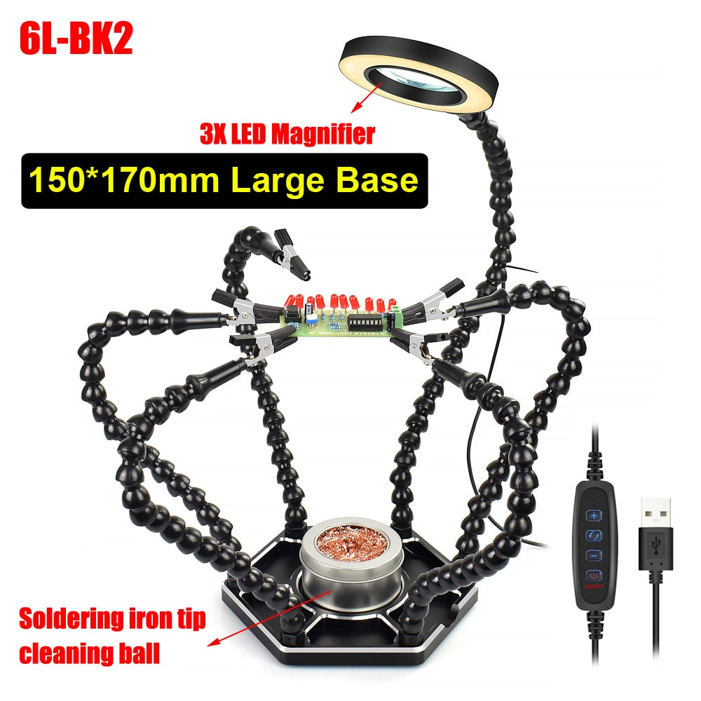 NEWACALOX Welding Repair Workbench with 3X USB LED Magnifier PCB Holder Soldering Tool Third Helping Hand 6Pcs Flexible Arms