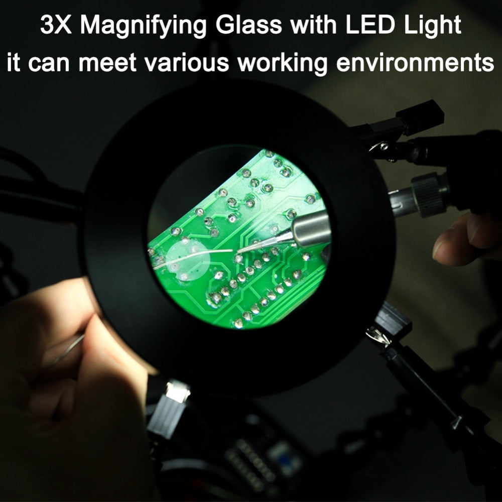NEWACALOX Welding Repair Workbench with 3X USB LED Magnifier PCB Holder Soldering Tool Third Helping Hand 6Pcs Flexible Arms