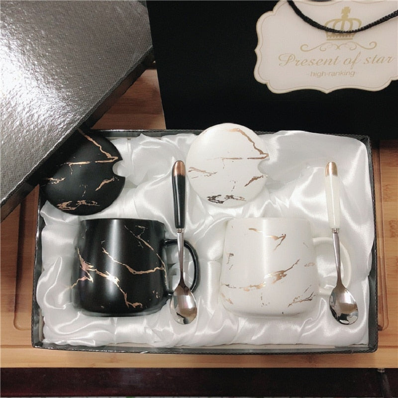 420ML Marble Couple Cup Ceramic Coffee Mug With spoon an Cover Creative Valentine's Day Wedding Birthday Gift