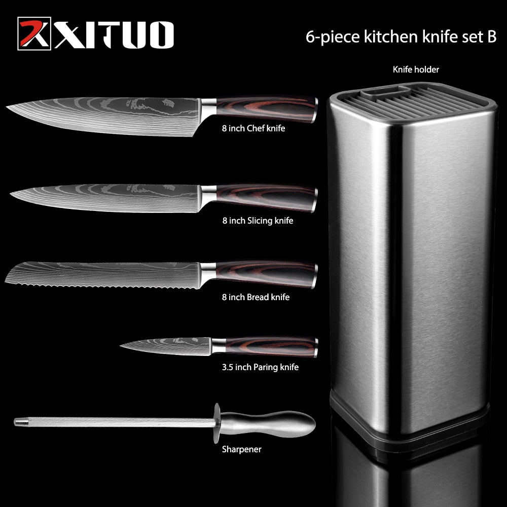 XITUO Kitchen Chef Set 4-8PCS set Knife Stainless Steel Knife Holder Santoku Utility Cut Cleaver Bread Paring Knives Scissors