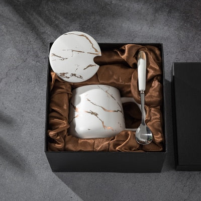 420ML Marble Couple Cup Ceramic Coffee Mug With spoon an Cover Creative Valentine's Day Wedding Birthday Gift