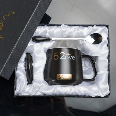 420ML Marble Couple Cup Ceramic Coffee Mug With spoon an Cover Creative Valentine's Day Wedding Birthday Gift