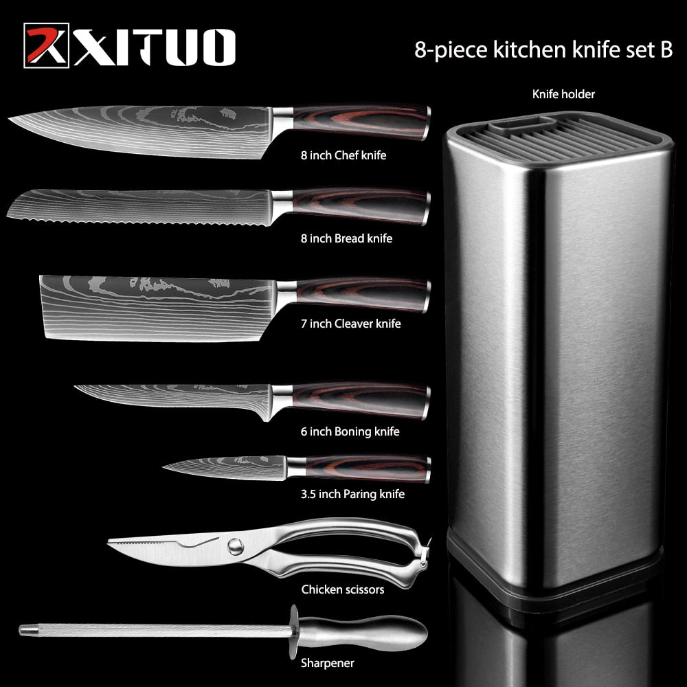 XITUO Kitchen Chef Set 4-8PCS set Knife Stainless Steel Knife Holder Santoku Utility Cut Cleaver Bread Paring Knives Scissors