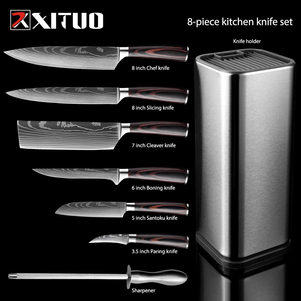 XITUO Kitchen Chef Set 4-8PCS set Knife Stainless Steel Knife Holder Santoku Utility Cut Cleaver Bread Paring Knives Scissors