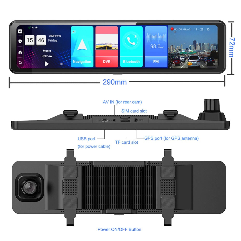 12 Inch 4G Android Rearview Mirror Car DVR HD 1080P GPS WIFI ADAS Dash Cam4G+32G Dual Lens Recorder Auto Camera Registrar DVRs