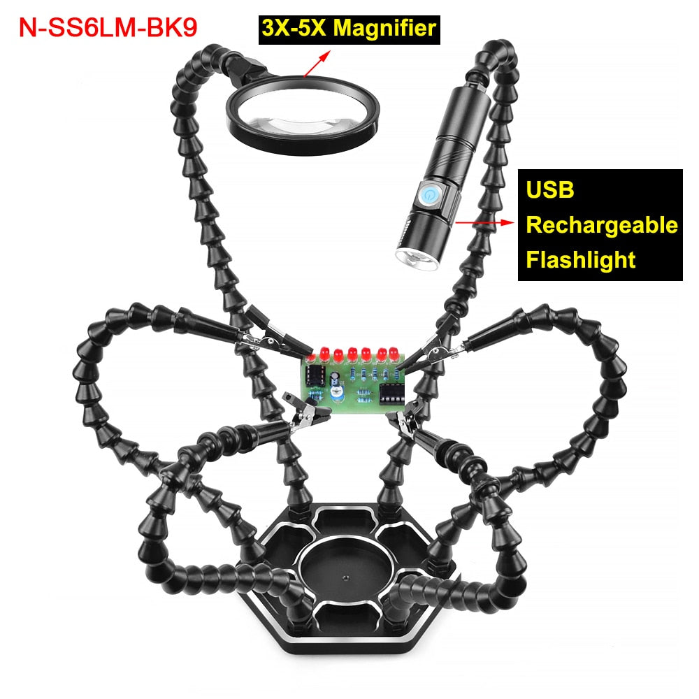 NEWACALOX Welding Repair Workbench with 3X USB LED Magnifier PCB Holder Soldering Tool Third Helping Hand 6Pcs Flexible Arms