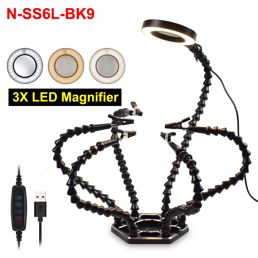 NEWACALOX Welding Repair Workbench with 3X USB LED Magnifier PCB Holder Soldering Tool Third Helping Hand 6Pcs Flexible Arms