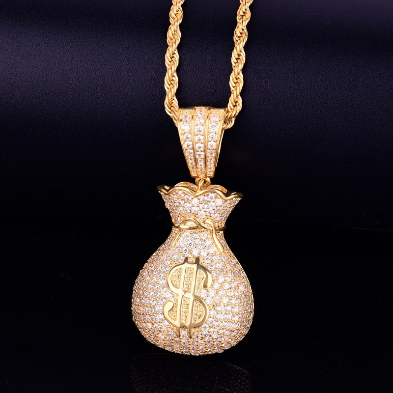 Men's Dollar Bag Pendant Necklace Gold Color Bling Cubic Zircon Hip Hop Rock Jewelry