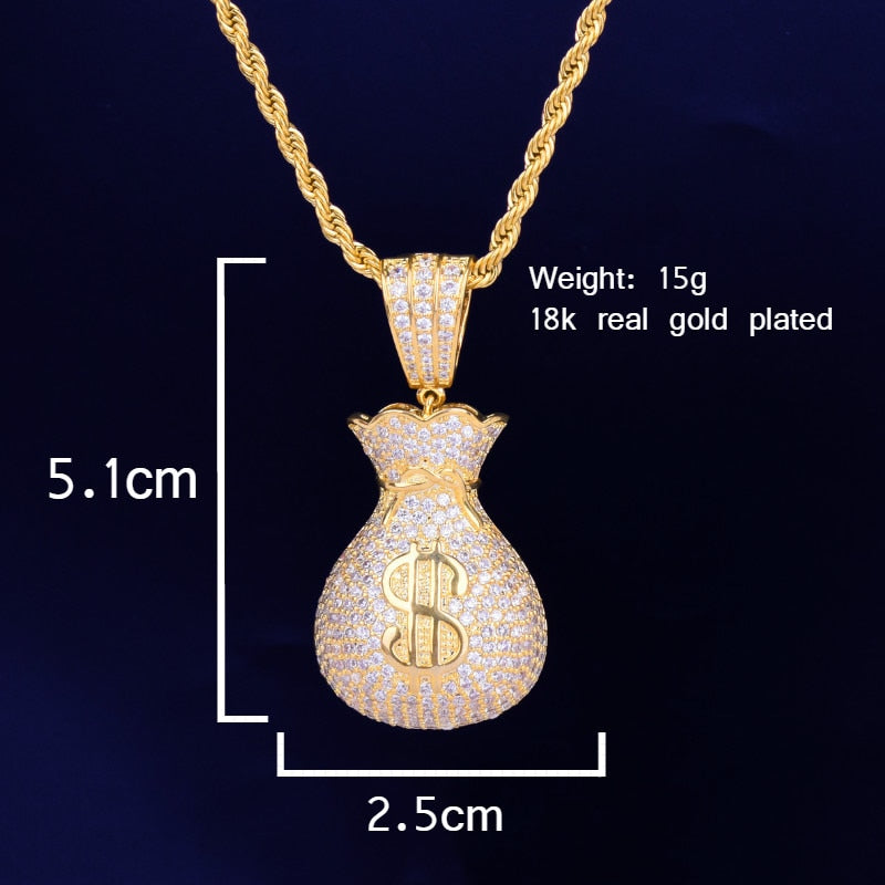 Men's Dollar Bag Pendant Necklace Gold Color Bling Cubic Zircon Hip Hop Rock Jewelry