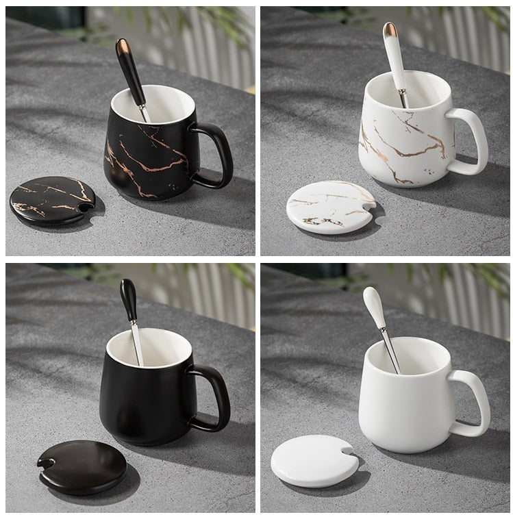 420ML Marble Couple Cup Ceramic Coffee Mug With spoon an Cover Creative Valentine's Day Wedding Birthday Gift