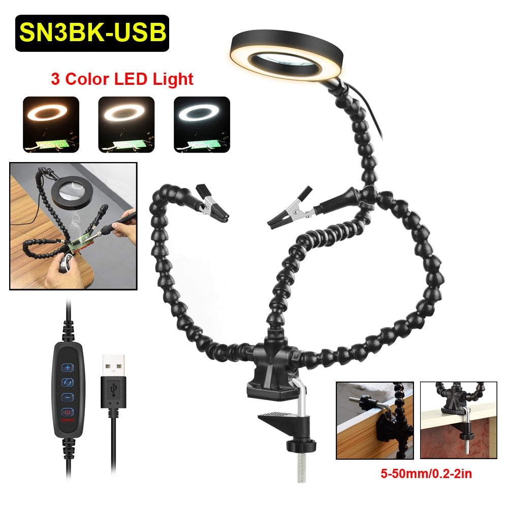 NEWACALOX Welding Repair Workbench with 3X USB LED Magnifier PCB Holder Soldering Tool Third Helping Hand 6Pcs Flexible Arms