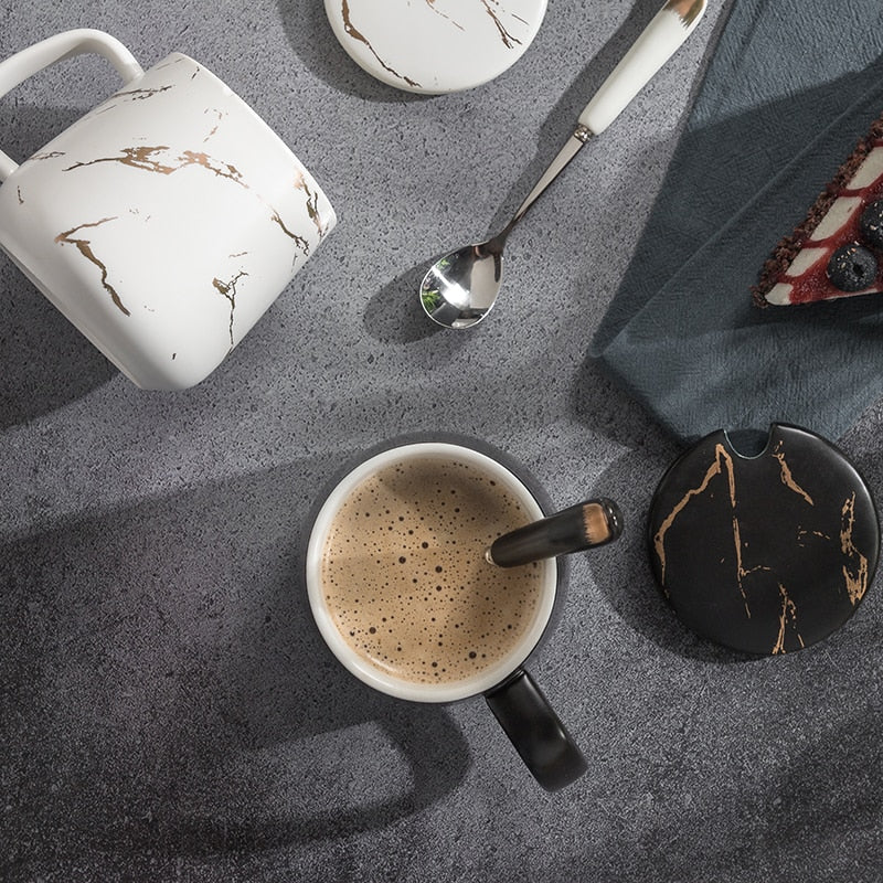 420ML Marble Couple Cup Ceramic Coffee Mug With spoon an Cover Creative Valentine's Day Wedding Birthday Gift