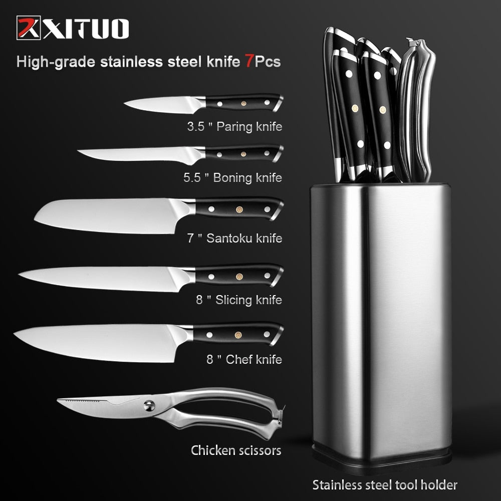 XITUO Kitchen Chef Set 4-8PCS set Knife Stainless Steel Knife Holder Santoku Utility Cut Cleaver Bread Paring Knives Scissors