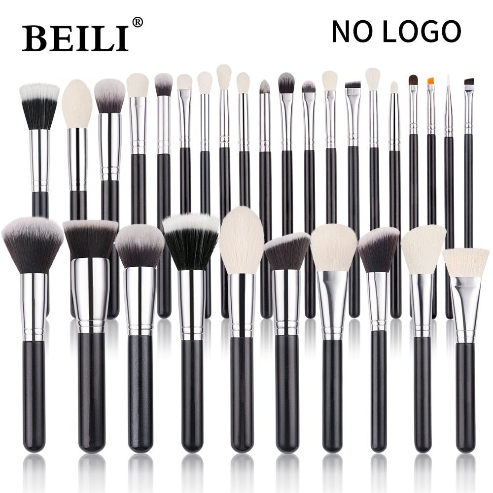 BEILI Black Professional Goat Hair Makeup Brush Powder Foundation Contour Concealer Eyes Blending 15/25/30Pcs Makeup Brush Set