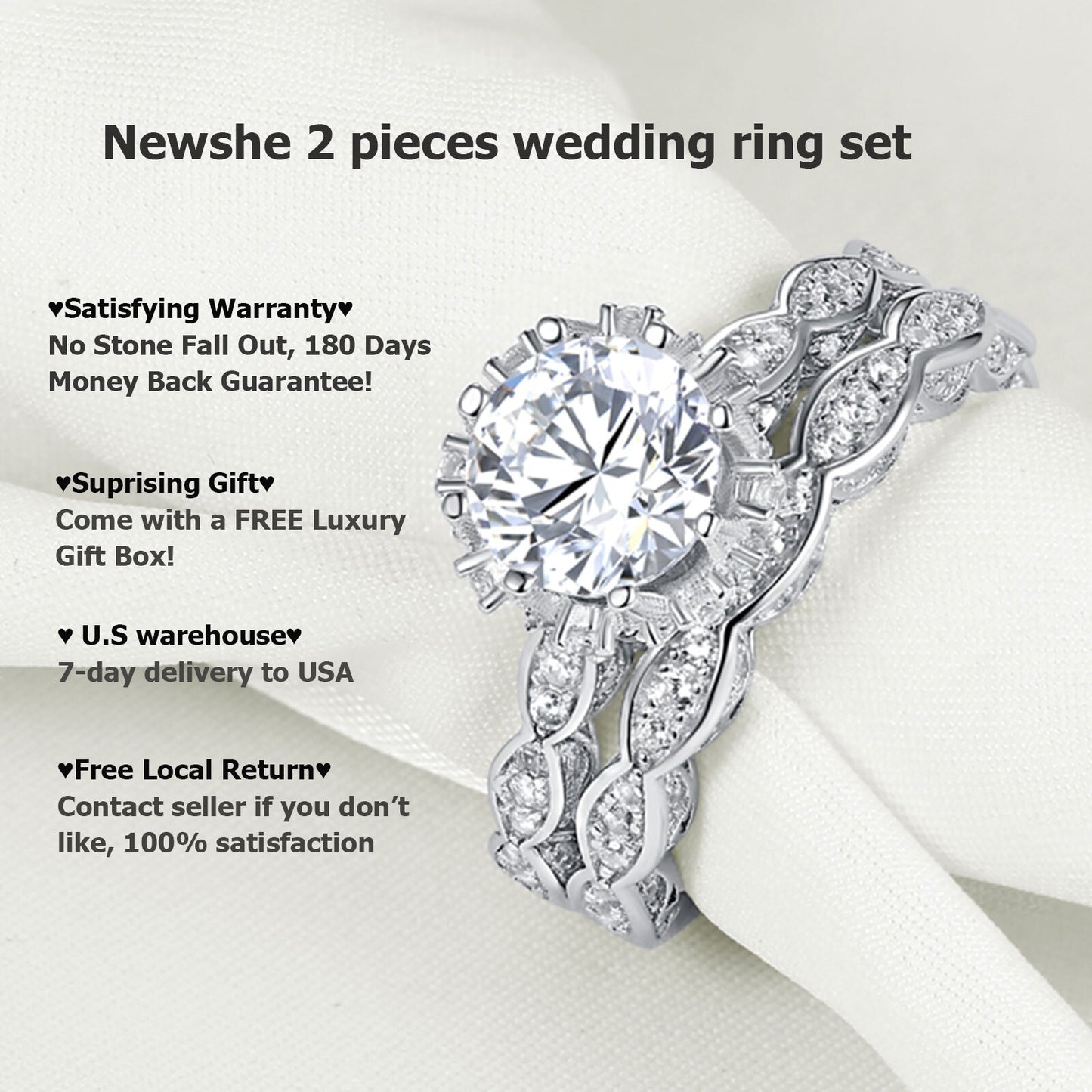 Newshe 2.6Ct Brilliant Round Cut AAAAA CZ Vintage Wedding Ring Set for Women Genuine 925 Sterling Silver Fine Jewelry