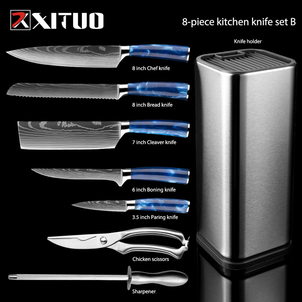 XITUO Kitchen Chef Set 4-8PCS set Knife Stainless Steel Knife Holder Santoku Utility Cut Cleaver Bread Paring Knives Scissors