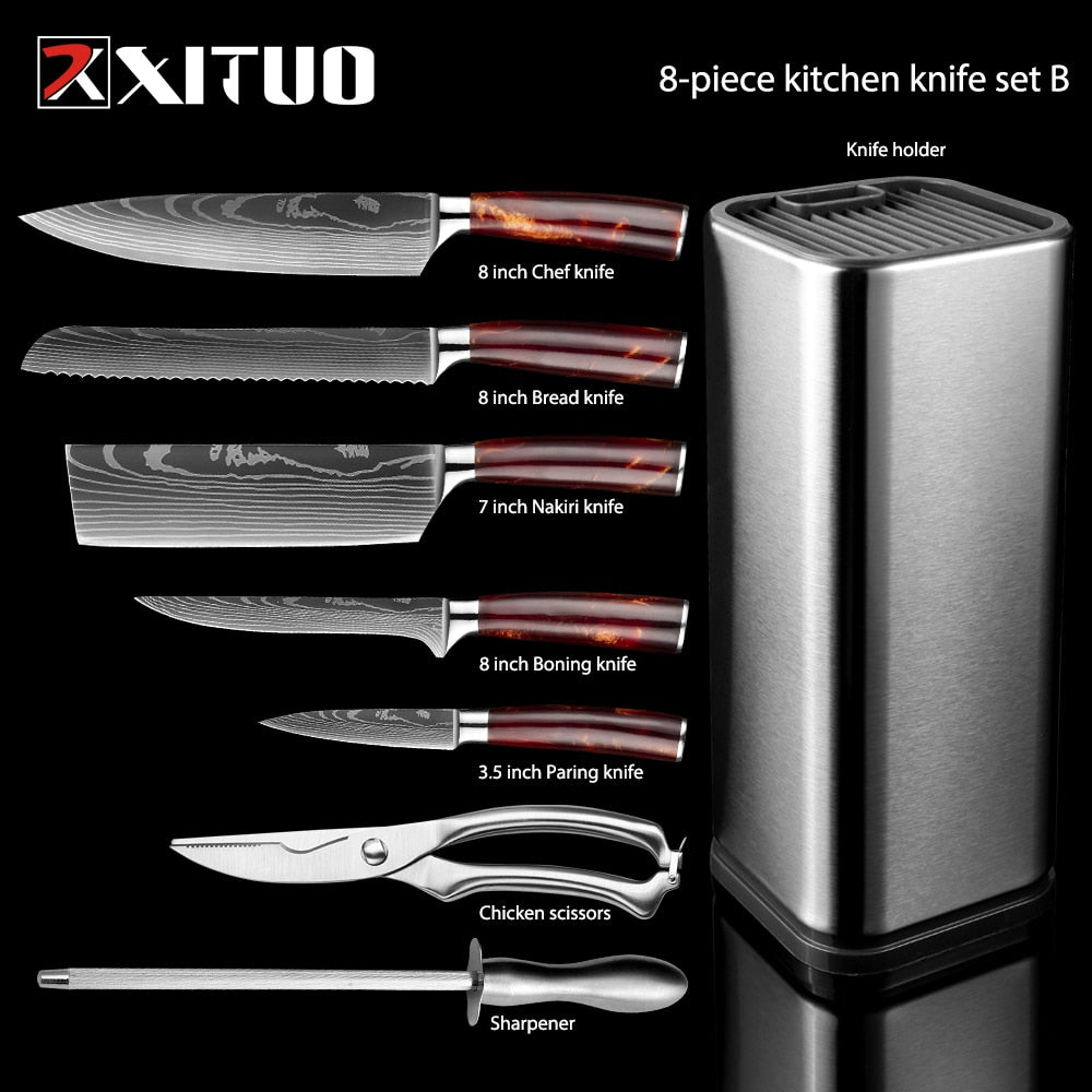 XITUO Kitchen Chef Set 4-8PCS set Knife Stainless Steel Knife Holder Santoku Utility Cut Cleaver Bread Paring Knives Scissors