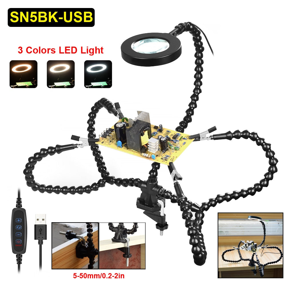 NEWACALOX Welding Repair Workbench with 3X USB LED Magnifier PCB Holder Soldering Tool Third Helping Hand 6Pcs Flexible Arms