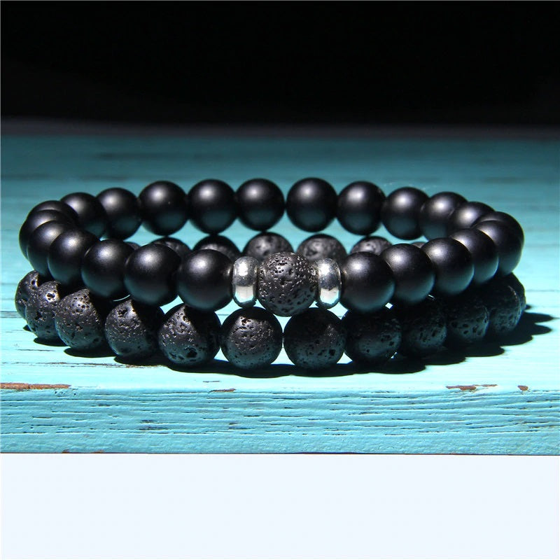 2Pcs/Set Couple’s Lava Stone Bead Bracelets for Unisex