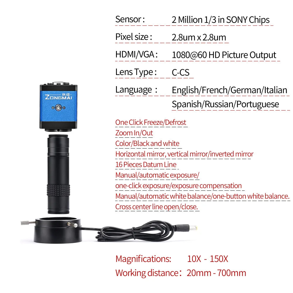 Zoom 150X Full HD Camera VGA/HDMI Port Industrial Microscope Adjustable Metal Arm Stand Bracket For PCB Soldering Phone Repair