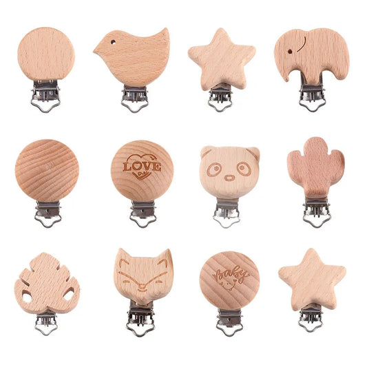 1Pcs Cute Modelling Beech Wood Pacifier Clip Baby DIY Cartoon Animal Wooden Log Pacifier Clips Nipple Chain Holder BPA Free
