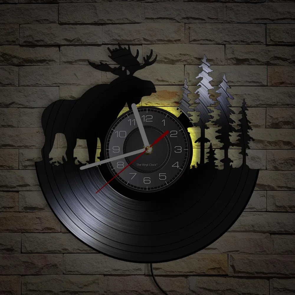 Wild Woodland Animal Forest Bull Elk Wall Clock Wildlife Exclusive Hanging Lamp Vinyl Record Clock Wall Art