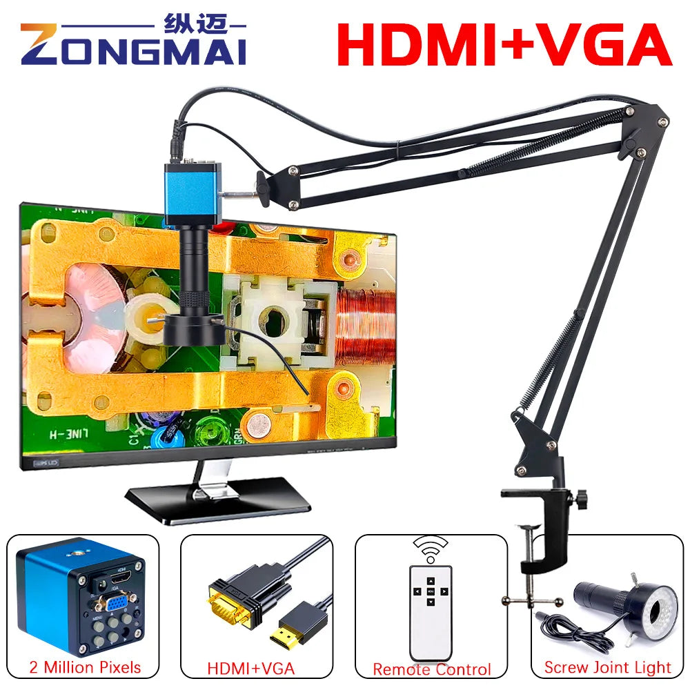 Zoom 150X Full HD Camera VGA/HDMI Port Industrial Microscope Adjustable Metal Arm Stand Bracket For PCB Soldering Phone Repair