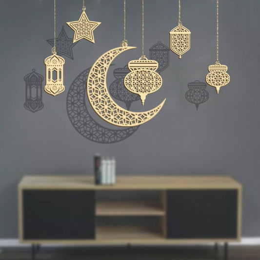 3pcs ramadan pendant give ropes moon star lantern wooden hanging chip ornaments eid mubarak ramadan kareem decoration home gifts