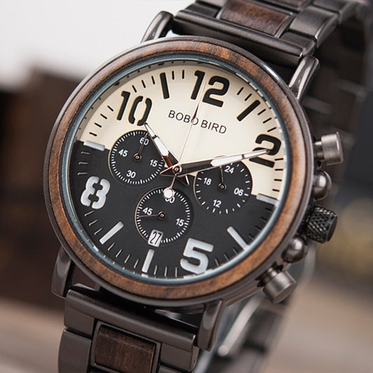BOBO BIRD Chronograph Men Watch Wooden Brand Luxury Metal Clock montre design homme