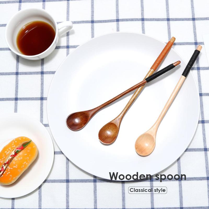 Long Handle Wood Spoon for Honey Rice Soup Dessert Coffee Tea Mixing Kitchen Utensil Tools Teaspoon Catering Bamboo Wooden Spoon