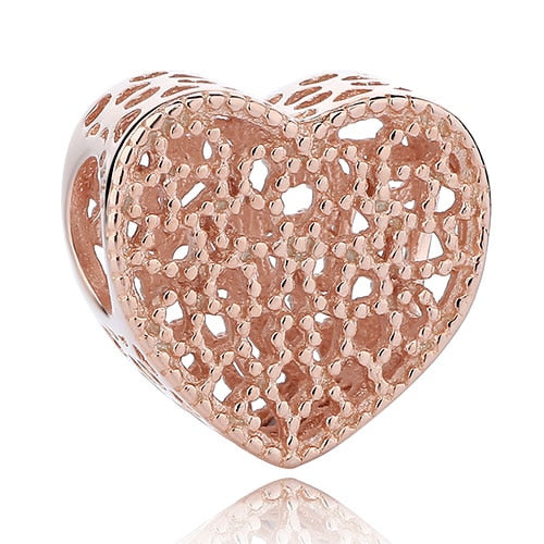Fashion Rose Gold Tree Feather Heart Charms Beads Fit Original Bracelet Women 925 Sterling Silver Jewelry Accessories