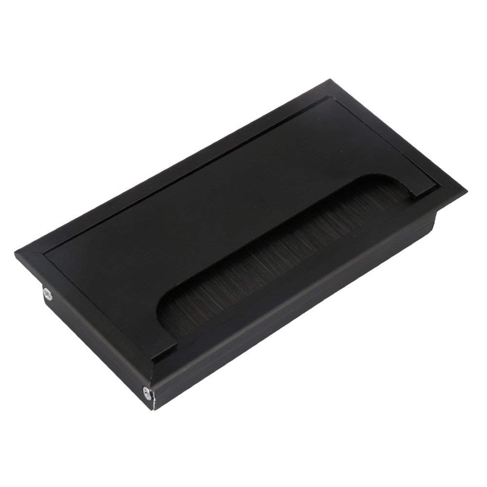 Black Aluminum Alloy L 160mm Table Desk Rectangle Wire Cable Grommet Hole Cover Outlet Port with Black Brush