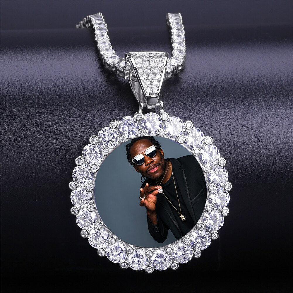 GUCY New Custom Photo Roundness Solid Back Pendant & Necklace With Tennis Chain Cubic Zircon Men's Hip Hop Jewelry