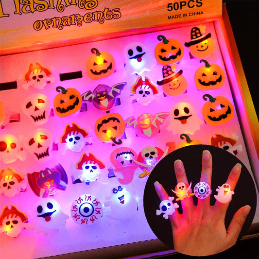 10pcs Halloween LED Flashing Light Rings Horror Pumpkin Ghost Spider Glow Finger Rings For Kids Halloween Party Cosplay Supplies