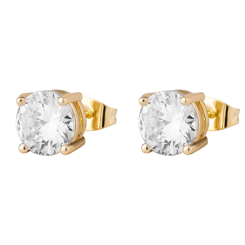 TOPGRILLZ Hip Hop Iced Out Bling 6mm Round CZ Stone Earrings Gold/Silver Color Micro Pave Lab D Stud Earings With Screw Back